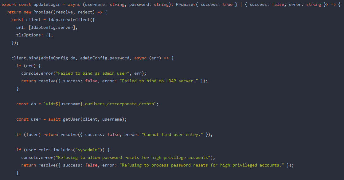 updateLogin() function