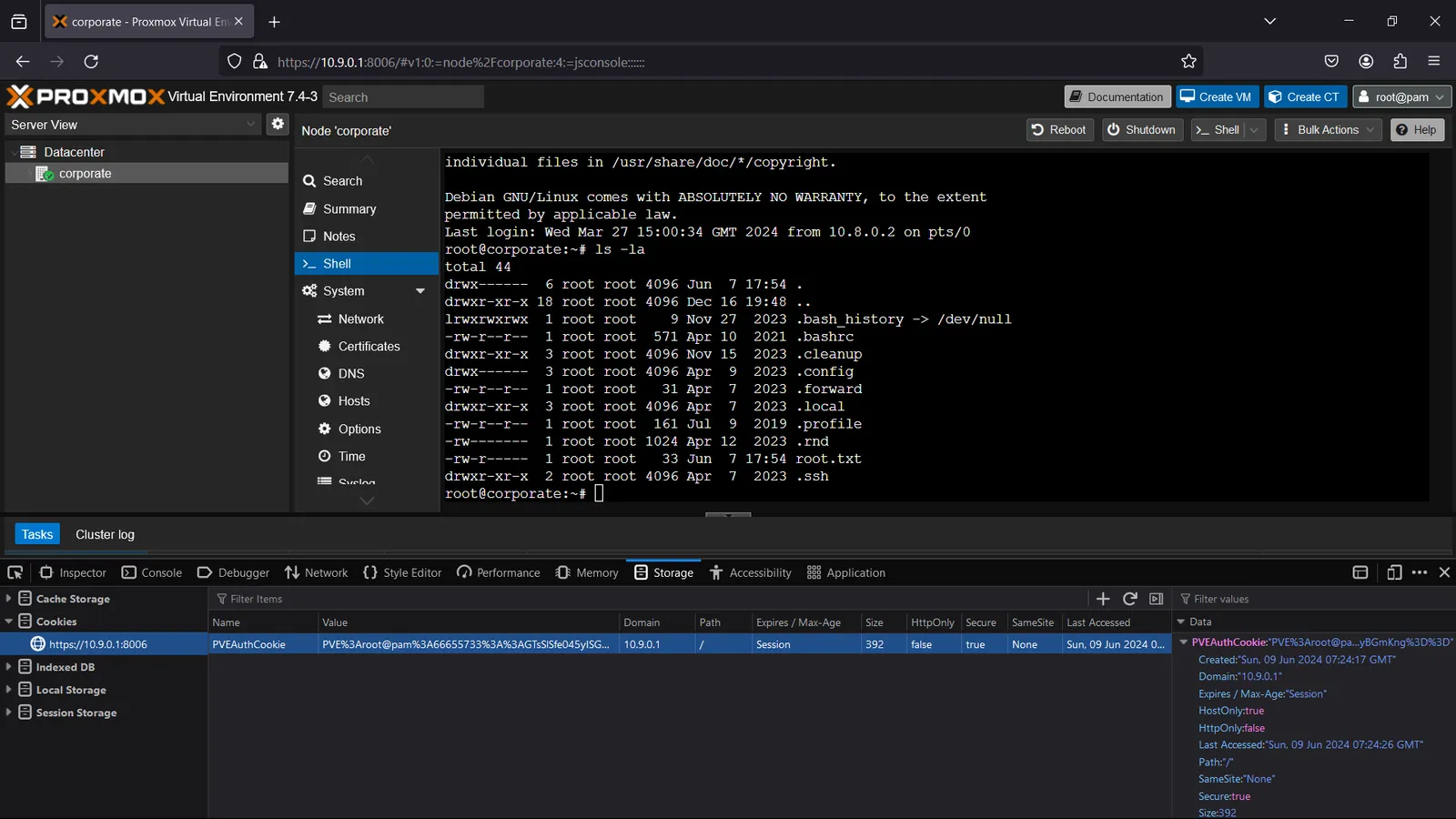 Proxmox webshell, root flag